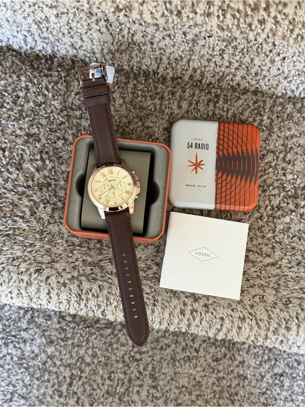 Fossil Rose Gold and Brown Leather Chronograph Watch Mens